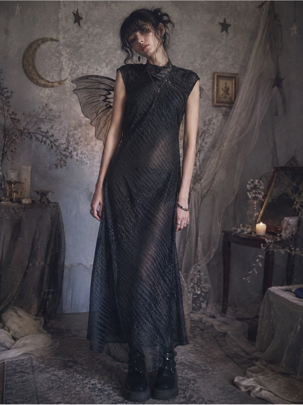 Vintage 90s CDC Asian Inspired Sheer Black Velvet Glittery Maxi Dress Y2K Goth